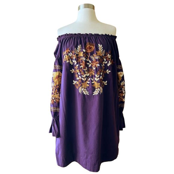 FREE PEOPLE Mini Dress Fleur du Jour Embroidered Tunic Purple Off the Shoulder - Picture 6 of 16